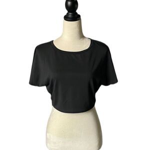 Classic Short Sleeve Black Crew Neck Relaxed Fit Crop Top (Size: Small)